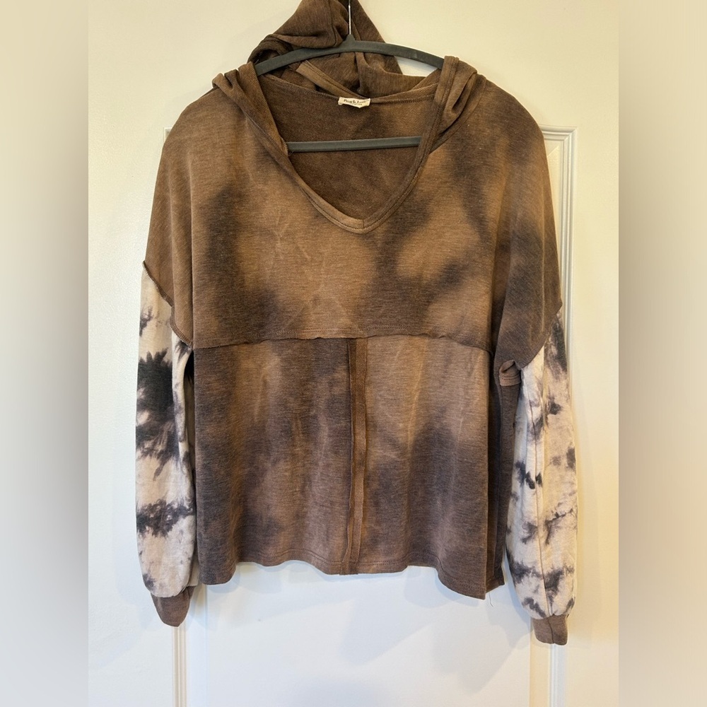 EUC Peach Love California Cropped Hoodie Lightweight Brown Gray Tie-Dye